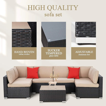SUNCROWN 6-Piece Outdoor Furniture Patio Sectional Set All-Weather Wicker Conversation Sofa, Light Brown