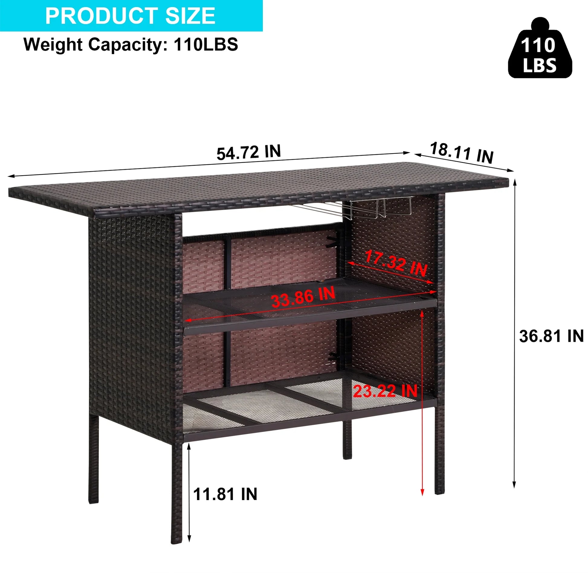 FHFO Outdoor Patio Wicker Bar, Rattan Counter Table with 2 Storage Shelves, 2 Steel Shelves for Backyard, Poolside, Garden