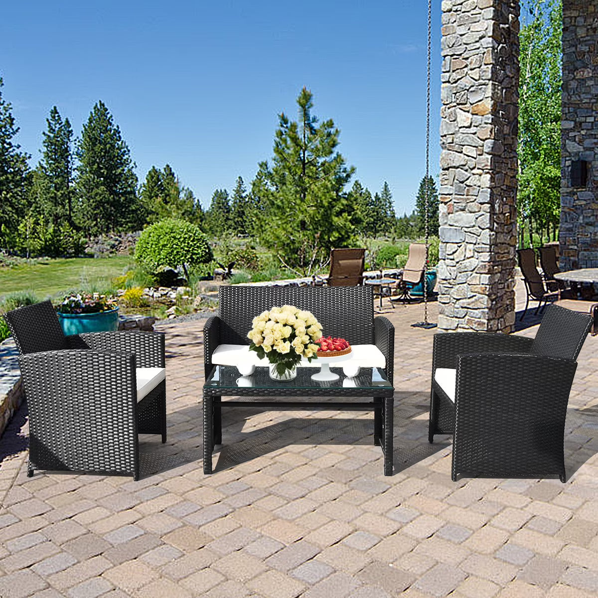 Gymax 4PCS Rattan Patio Conversation Set Outdoor w/Coffee Table Cushioned Sofa