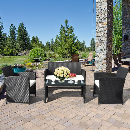 Gymax 4PCS Rattan Patio Conversation Set Outdoor w/Coffee Table Cushioned Sofa