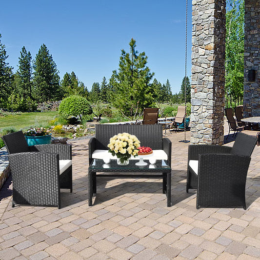 Gymax 4PCS Rattan Patio Conversation Set Outdoor w/Coffee Table Cushioned Sofa
