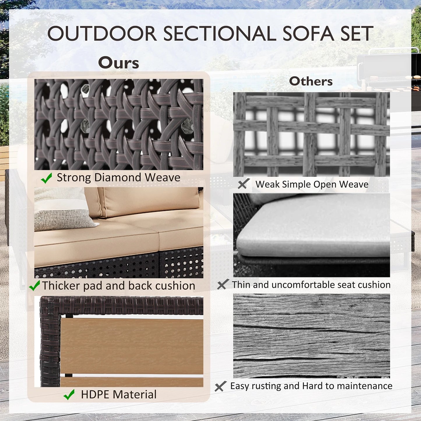6-Piece Outdoor Sectional Furniture Set for Patio, Expandable Coffee Table w/Ice Bucket & Collapsible Seat, Deep Cushions - Khaki