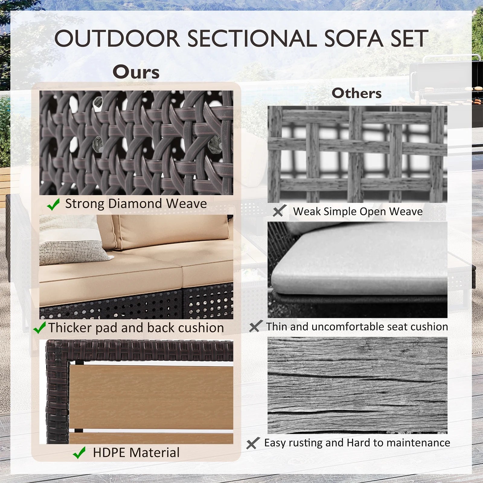 6-Piece Outdoor Sectional Furniture Set for Patio, Expandable Coffee Table w/Ice Bucket & Collapsible Seat, Deep Cushions - Khaki