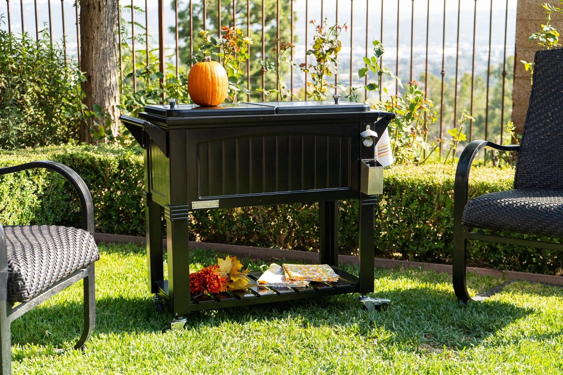 Permasteel 80-Qt Antique Outdoor Steel Patio Cooler on Wheels, Rolling Cooler Cart, Wooden Teak Style, Black
