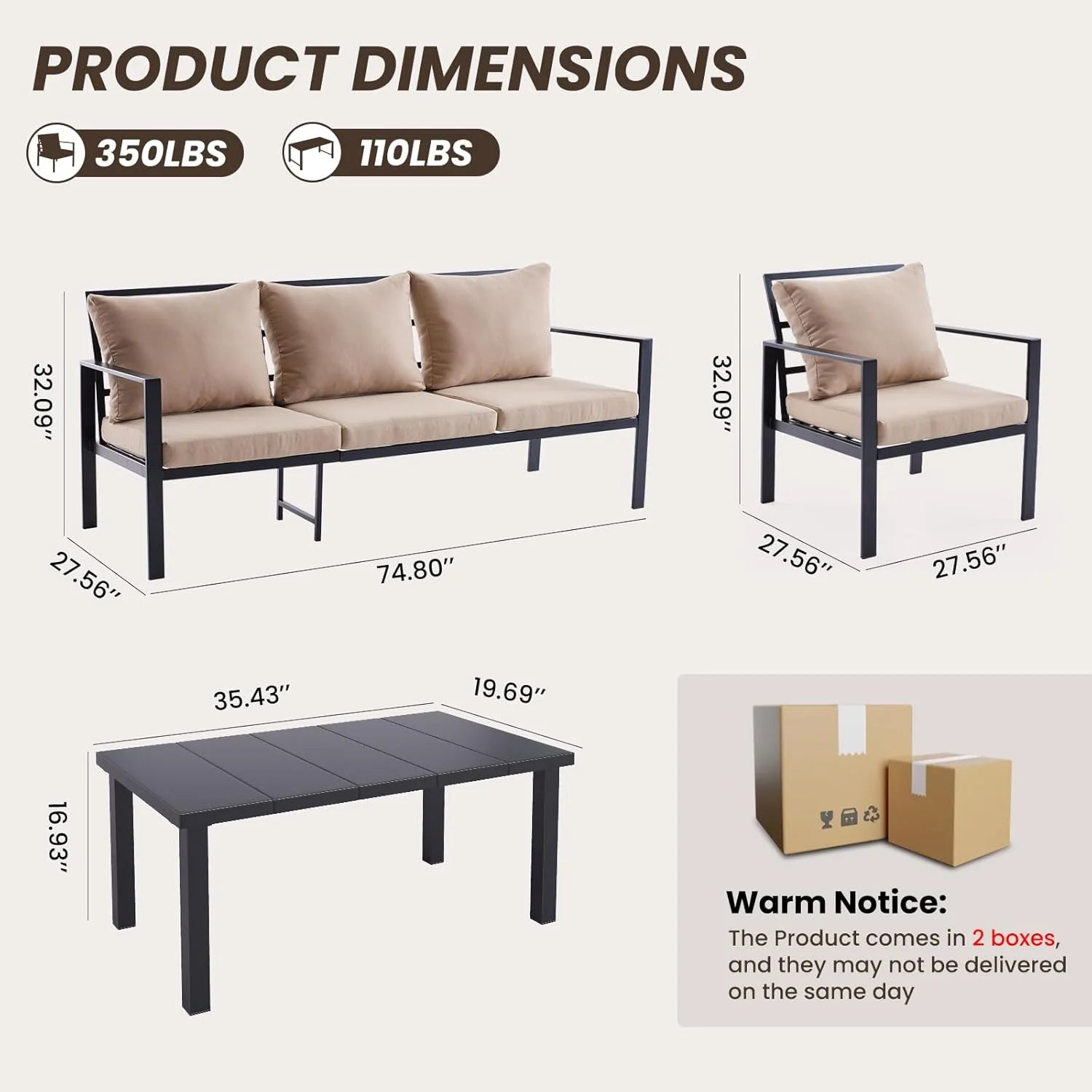 Farini Outdoor conversation sets, 4 Pieces Metal Patio Furniture Set with 2 Single Chairs, 3-Seat Sofas & Coffee Table, for Garden, Backyard, Balcony (Beige)