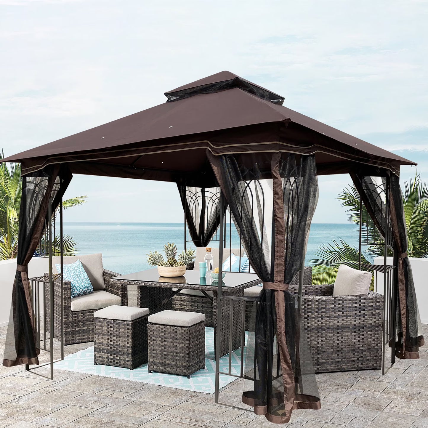 Perfect Garden 13x10ft Patio Gazebo, Metal Frame with Double Roof and Mosquito Net, Brown