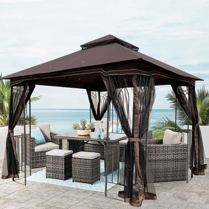 Perfect Garden 13x10ft Patio Gazebo, Metal Frame with Double Roof and Mosquito Net, Brown