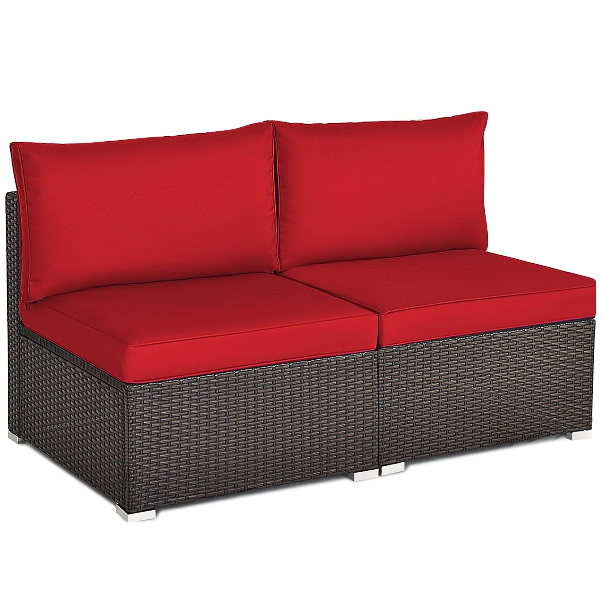 Costway 2PCS Patio Rattan Armless Sofa Sectional Conversation Furniture Set W/Cushion Red