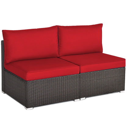 Costway 2PCS Patio Rattan Armless Sofa Sectional Conversation Furniture Set W/Cushion Red