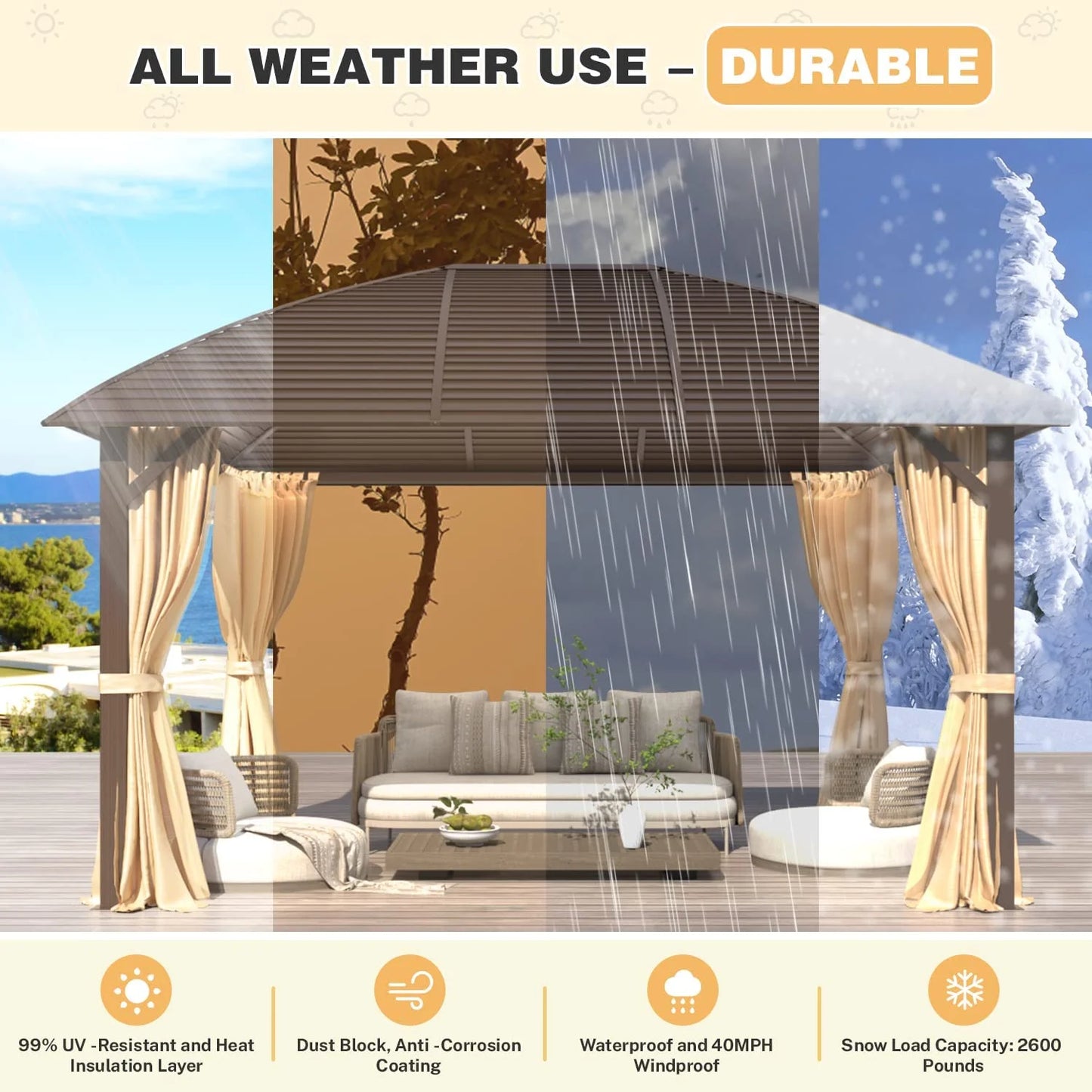 EROMMY 10'x13' Hardtop Gazebo with Arc Galvanized Steel Roof, Aluminum Frame, Curtain and Netting for Lawns, Patios, Decks and Backyard