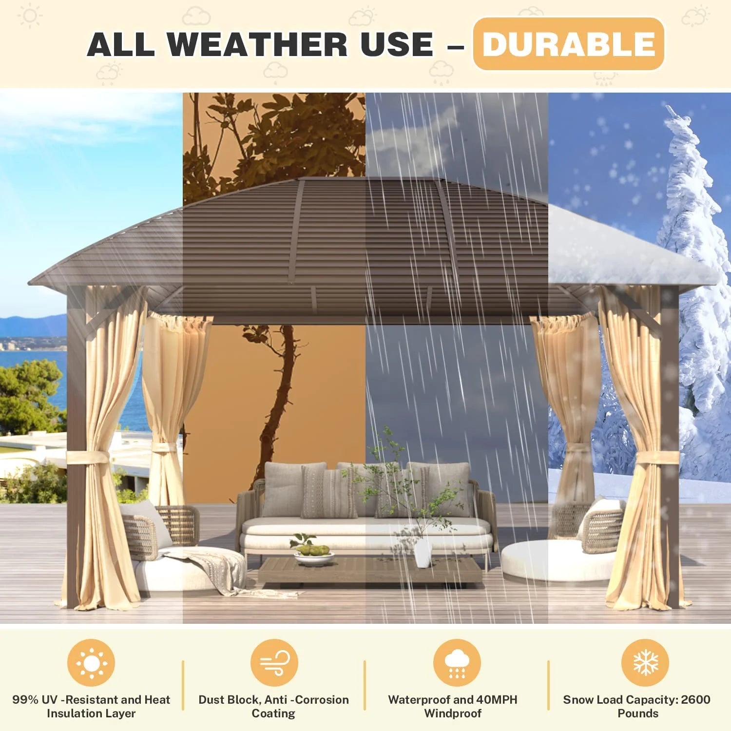 EROMMY 10'x13' Hardtop Gazebo with Arc Galvanized Steel Roof, Aluminum Frame, Curtain and Netting for Lawns, Patios, Decks and Backyard