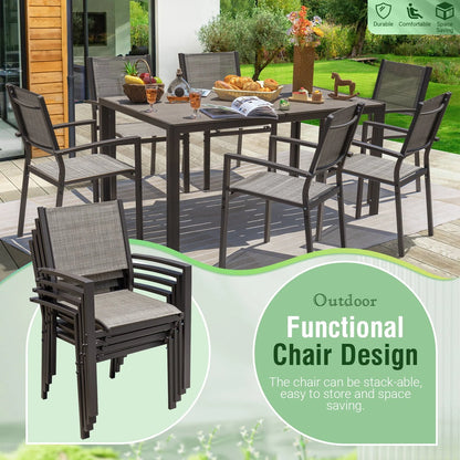 Devoko 7 Pieces Patio Conversation Set, Patio Dining Set Outdoor Furniture Set 6 Stackable Textilene Armchairs with Rectangular Table, Light Gray