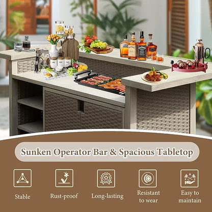 Domi Patio Bar Table, Outdoor Aluminum PE Wicker Bar Cart with Cabinet, All-Weather Storage Cabinet for Patio Kitchen or Bar, Wood Grain Finish