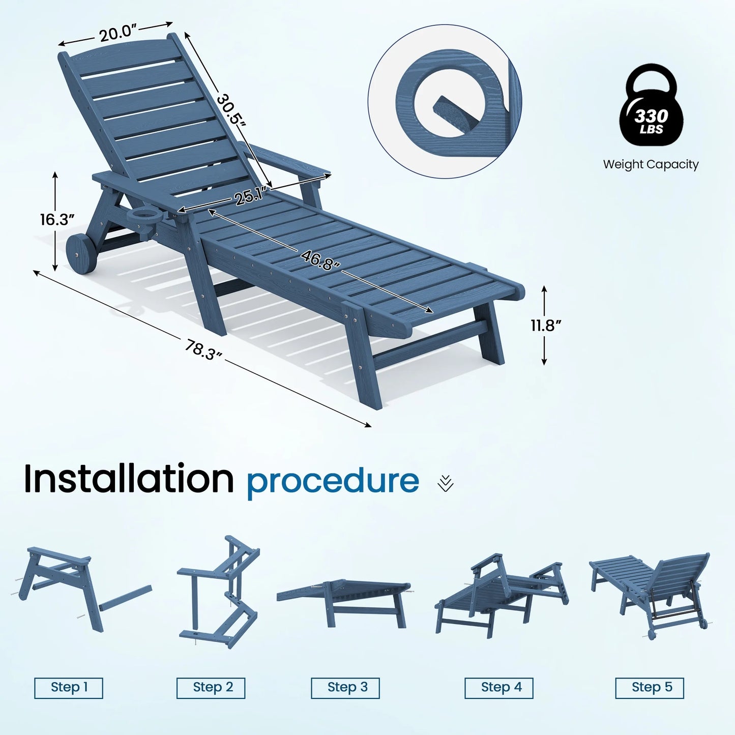 SERWALL Patio Chaise Lounge Chair, 78'' HDPE Outdoor Lounge Chair 5 Positions Pool Lounger Navy Blue