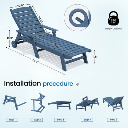 SERWALL Patio Chaise Lounge Chair, 78'' HDPE Outdoor Lounge Chair 5 Positions Pool Lounger Navy Blue