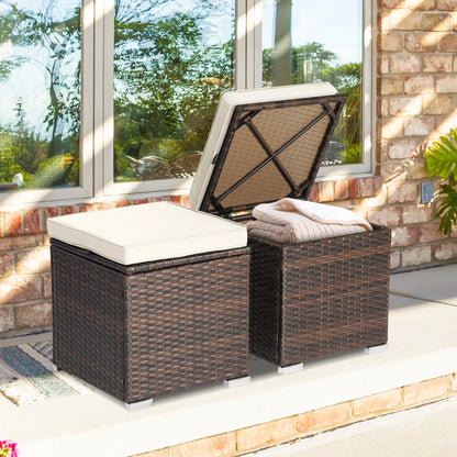 Costway 2PC Patio Rattan Ottoman Seat Side Table Storage Box Footrest Off White