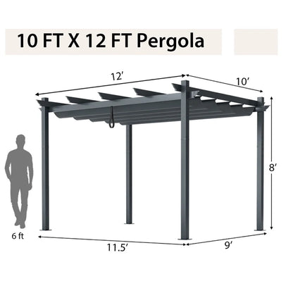 Topcobe 10 x 12 Feet Outdoor Aluminum Retractable Pergola Canopy Shelter Grape Trellis, Awnings for Patio Waterproof, Gray