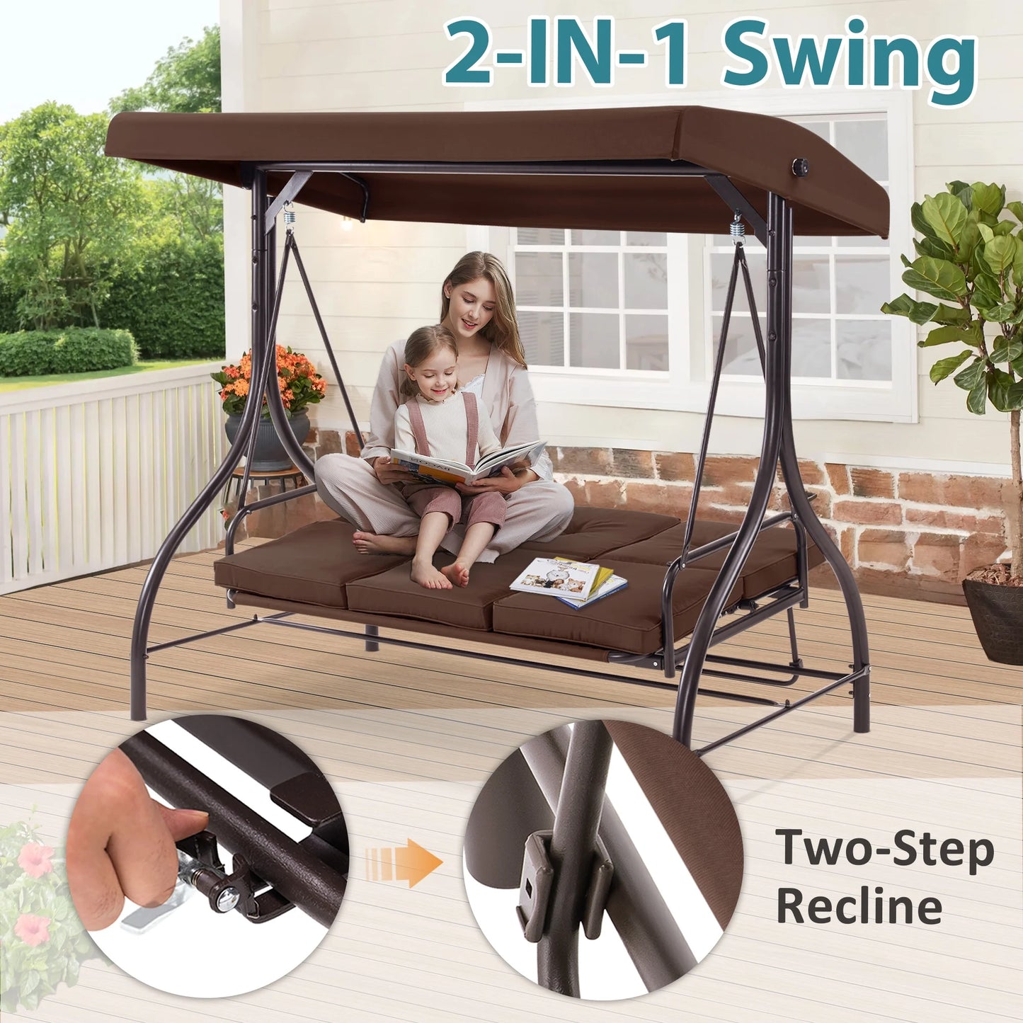 MCombo 3-Seat Outdoor Patio Swing Chair Cushioned with Adjustable Backrest and Canopy, Pillow, Brown