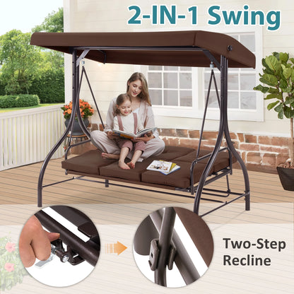 MCombo 3-Seat Outdoor Patio Swing Chair Cushioned with Adjustable Backrest and Canopy, Pillow, Brown