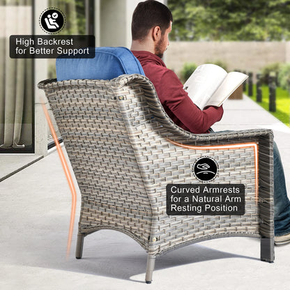 Vcatnet 6 Pieces Outdoor Patio Furniture All Weather Wicker High-Back Conversation Set with Fire Pit Table and Ottoman,Diamond Blue