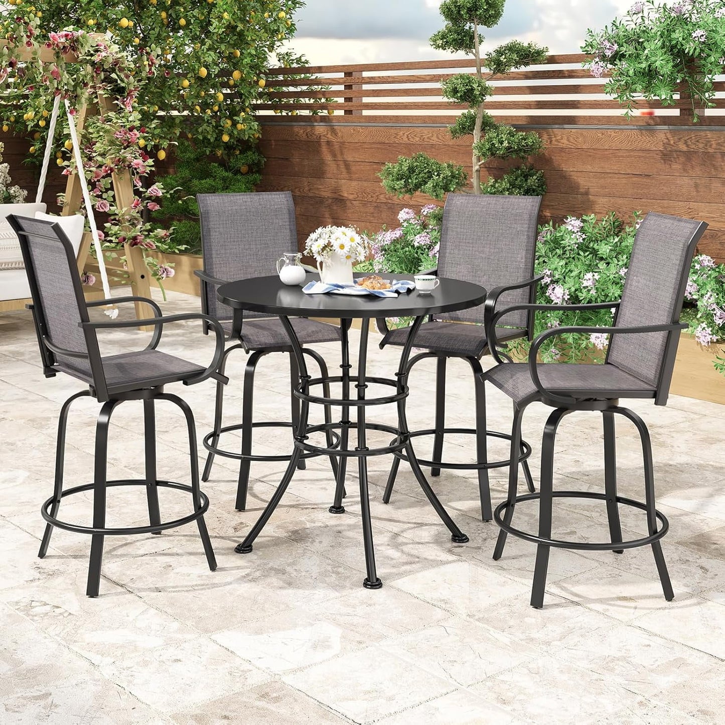 STARY Outdoor Bar Stools Set of 2, Swivel Patio Barstools with Textile Fabric,Ergonomic Comfort Bar Height Tall Outdoor Stools for Balcony,Dark Grey