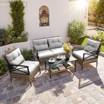 Patio Sofa Set, 4 Pieces Outdoor Sectional Furniture, All-Weather PE Rattan Wicker Patio Conversation Set, Cushioned Sofa Set with Coffee Table for Patio Garden Poolside Deck
