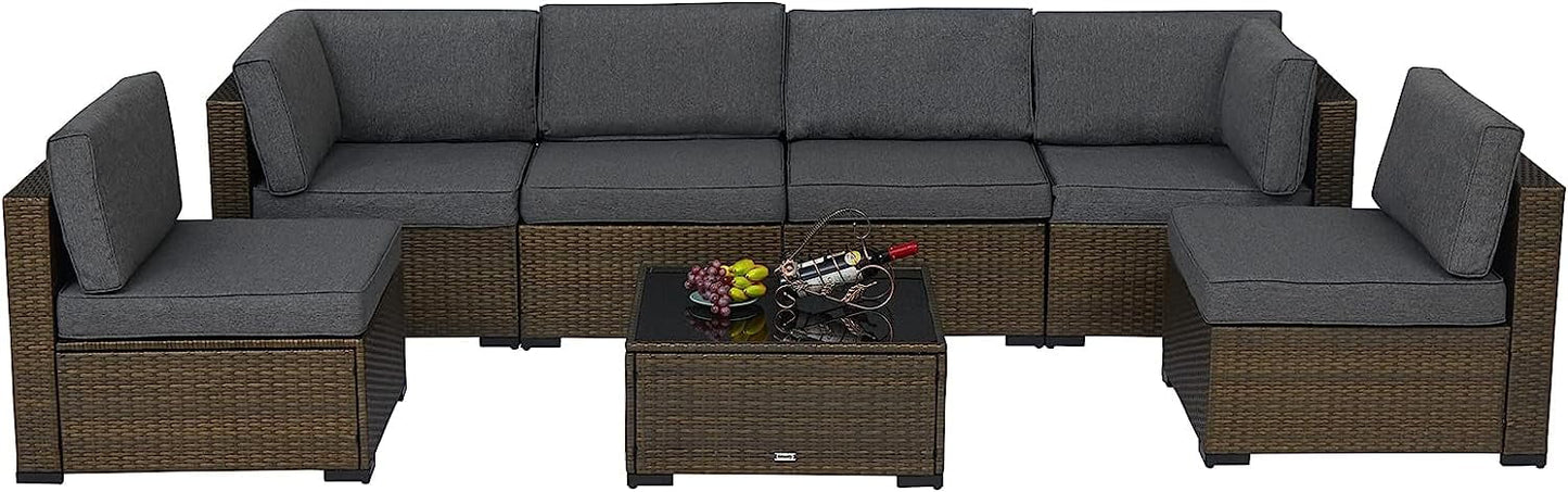 Kinbor 7pcs Patio Rattan Wicker Rattan Outdoor Sectional Sofa Set with Gray Cushions