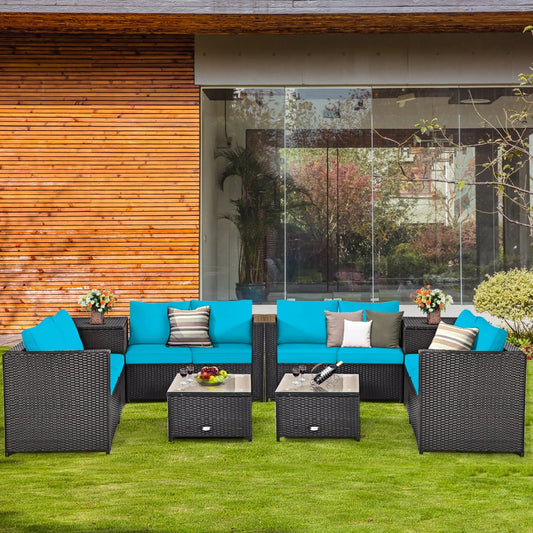 Gymax 8PCS Cushioned Rattan Patio Conversation Set w/Side Table Turquoise Cushion