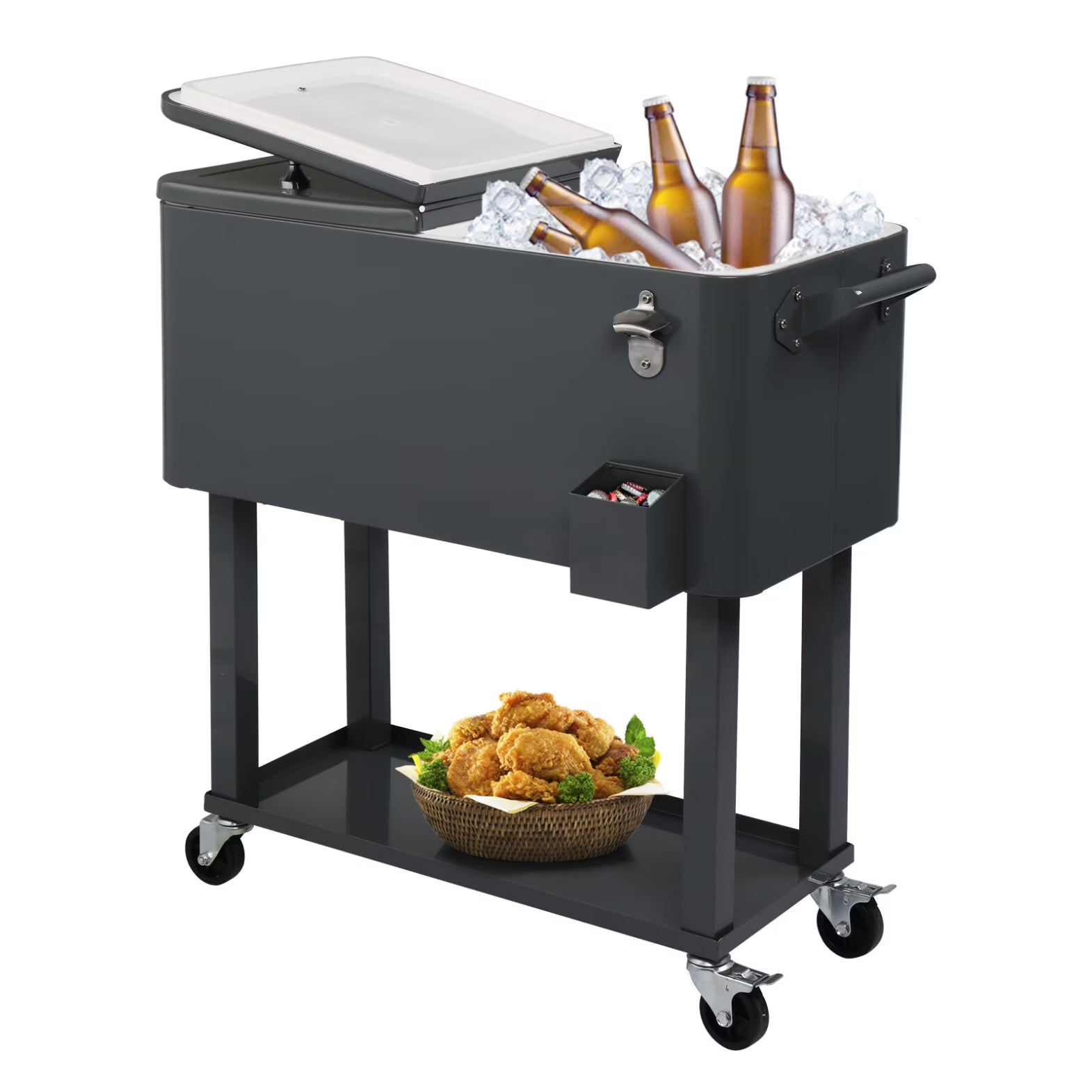 80 QT Rectangular Rolling Cooler Cart with Wheels, Portable Ice Chest with Bottle Opener and Storage Shelf, Outdoor Beverage Cart Ice Chest Cart for Patio Party, Picnic, BBQ, Camping, Red &White