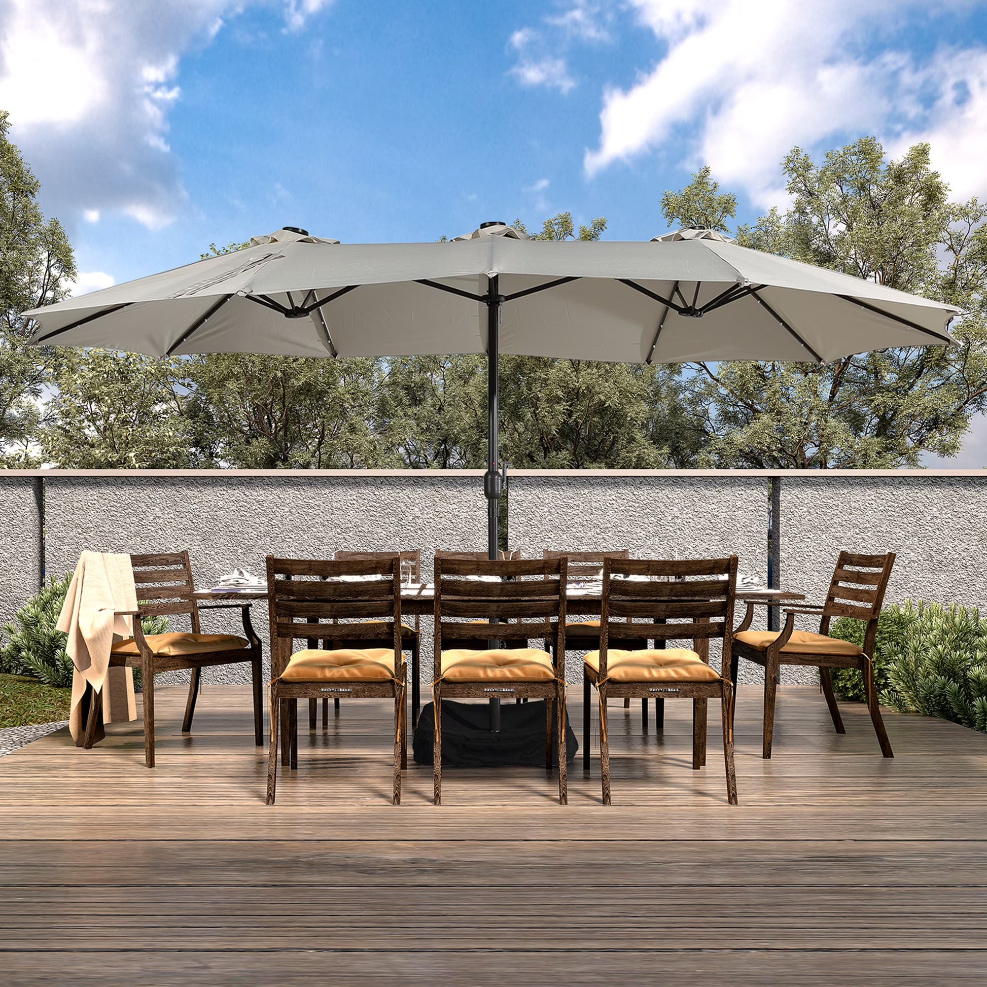 Mondawe 15ft Patio Umbrella Rectangular Outdoor Market Umbrella with Base and LED Lights Beige