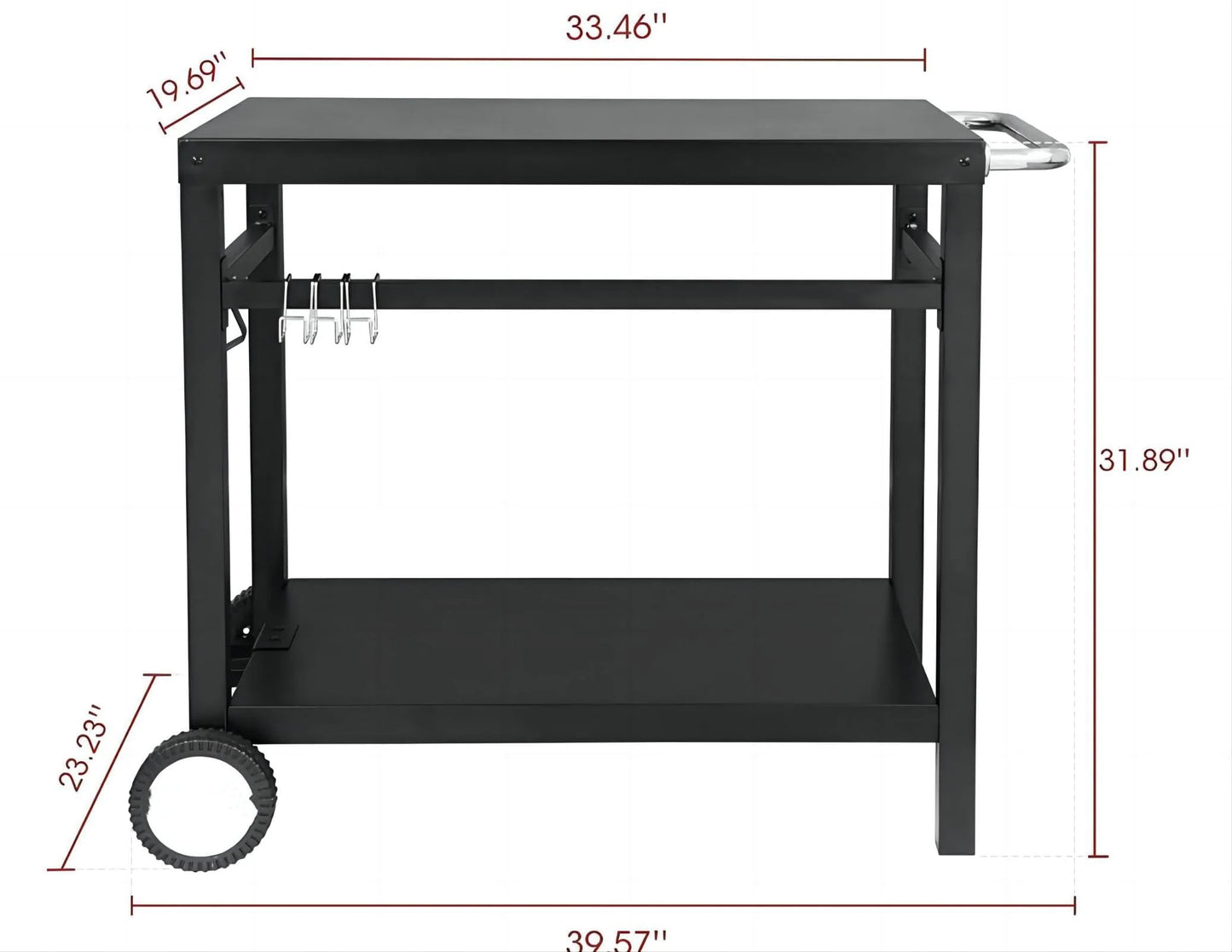 WhizMax Black Grill Cart Pizza Oven Stand, BBQ Prep Table with Wheels & Hooks Outdoor, Side Handle, Double-Shelf Grilling Cart Tabletop Griddle Cooking Station for Bar, Patio, Camping, Home