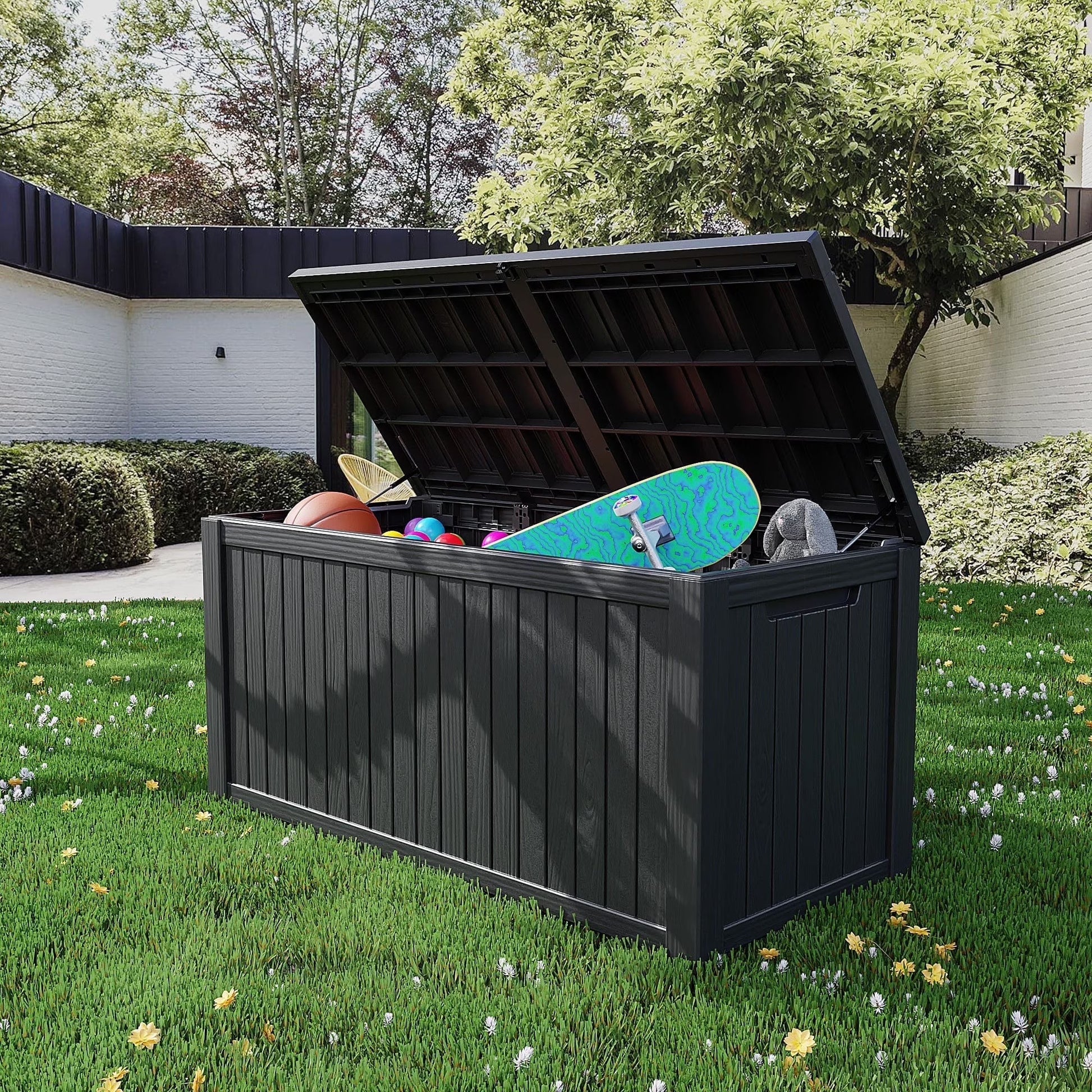 CIRUI 230 Gallon Double-Wall Resin Deck Box - Lockable Waterproof Outdoor Storage Box, 1000lbs Capacity & Doubles as Seating for Patio Furniture - Garden Tools, Pool Accessories (Black)
