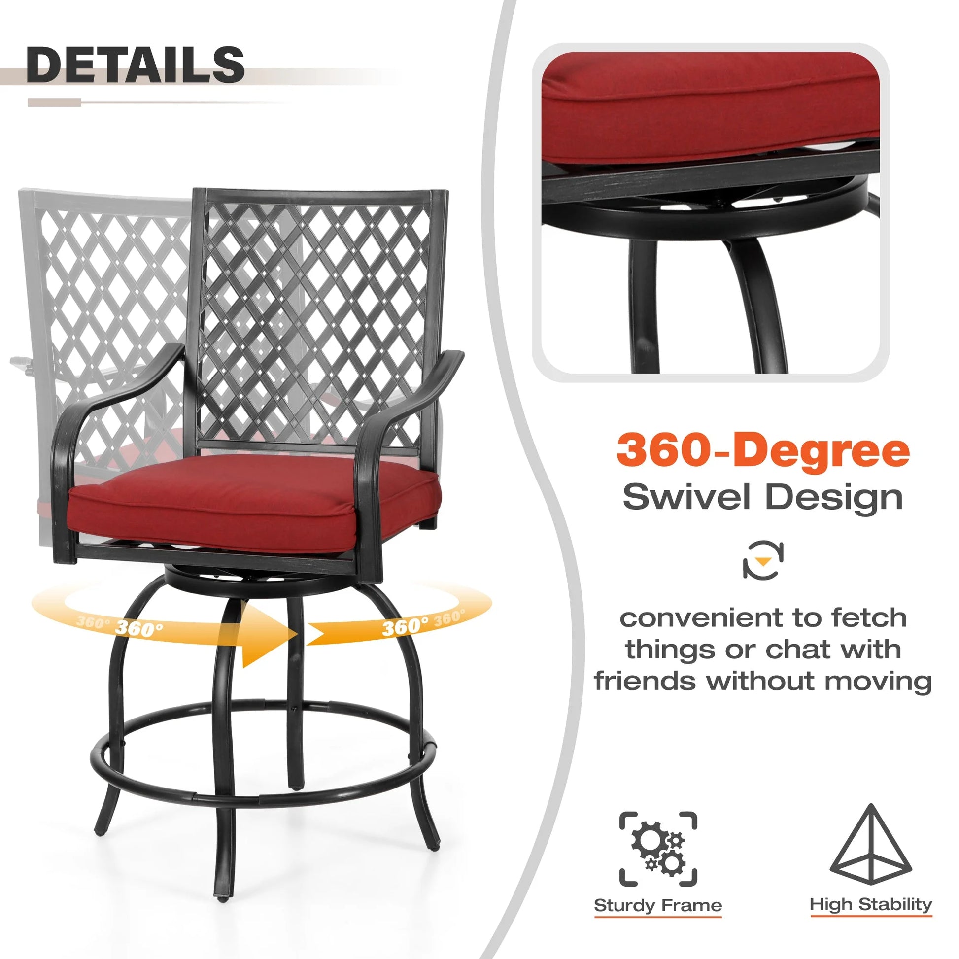 Sophia & William 3 Piece Outdoor Patio Swivel Bar Stools Set & Height Table Backyard Furniture Bistro Set, Red