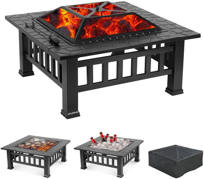 LAZY BUDDY Steel Fire Pits for Outside, 32'' Square Wood Burning Fire Pit Table, Outdoor Patio BBQ Firepit Bonfire Party