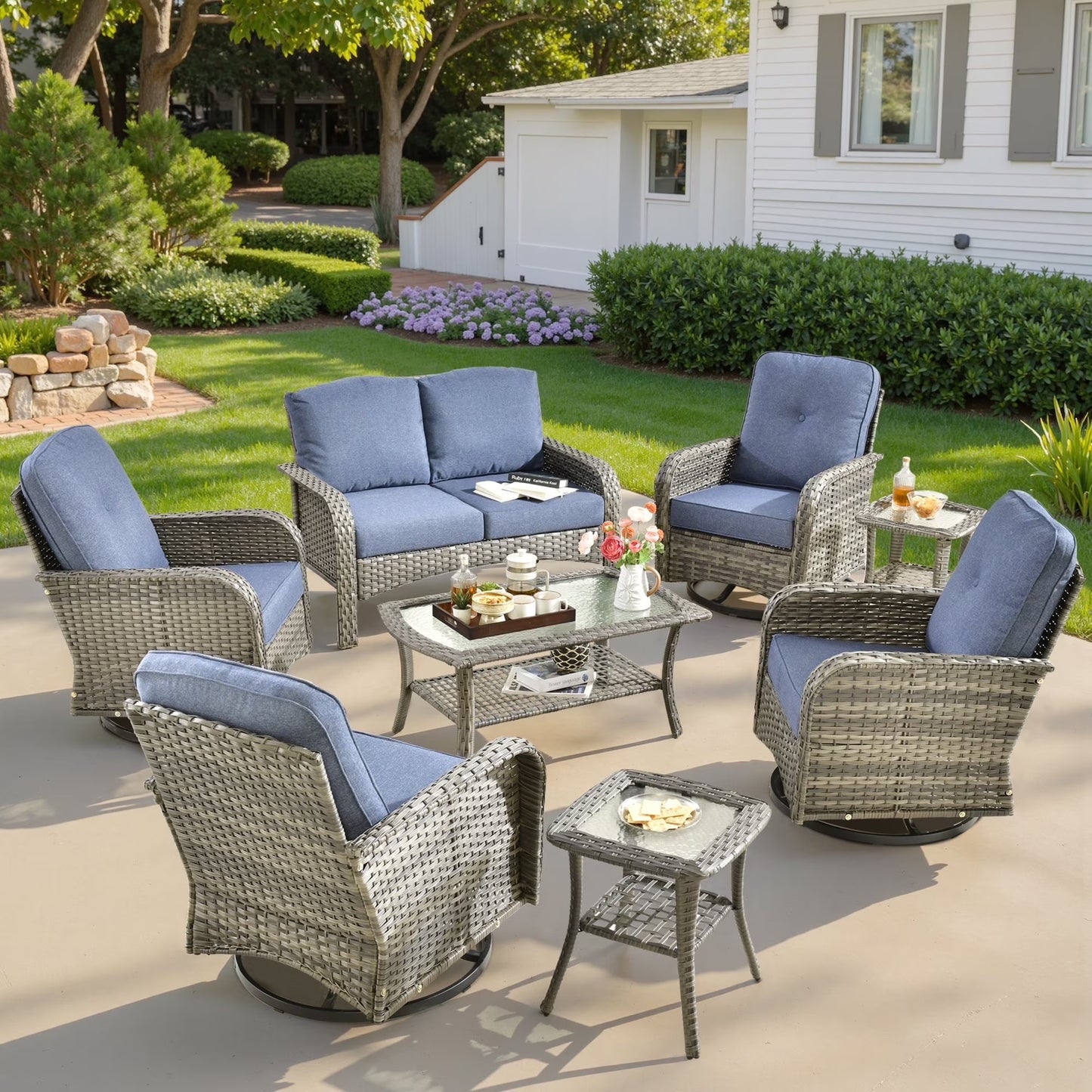 Ovios 5 Pieces Outdoor Patio Furniture Set High Back All Weather Wicker Conversation Set with Swivel Chairs & Coffee Table, Dark Gray