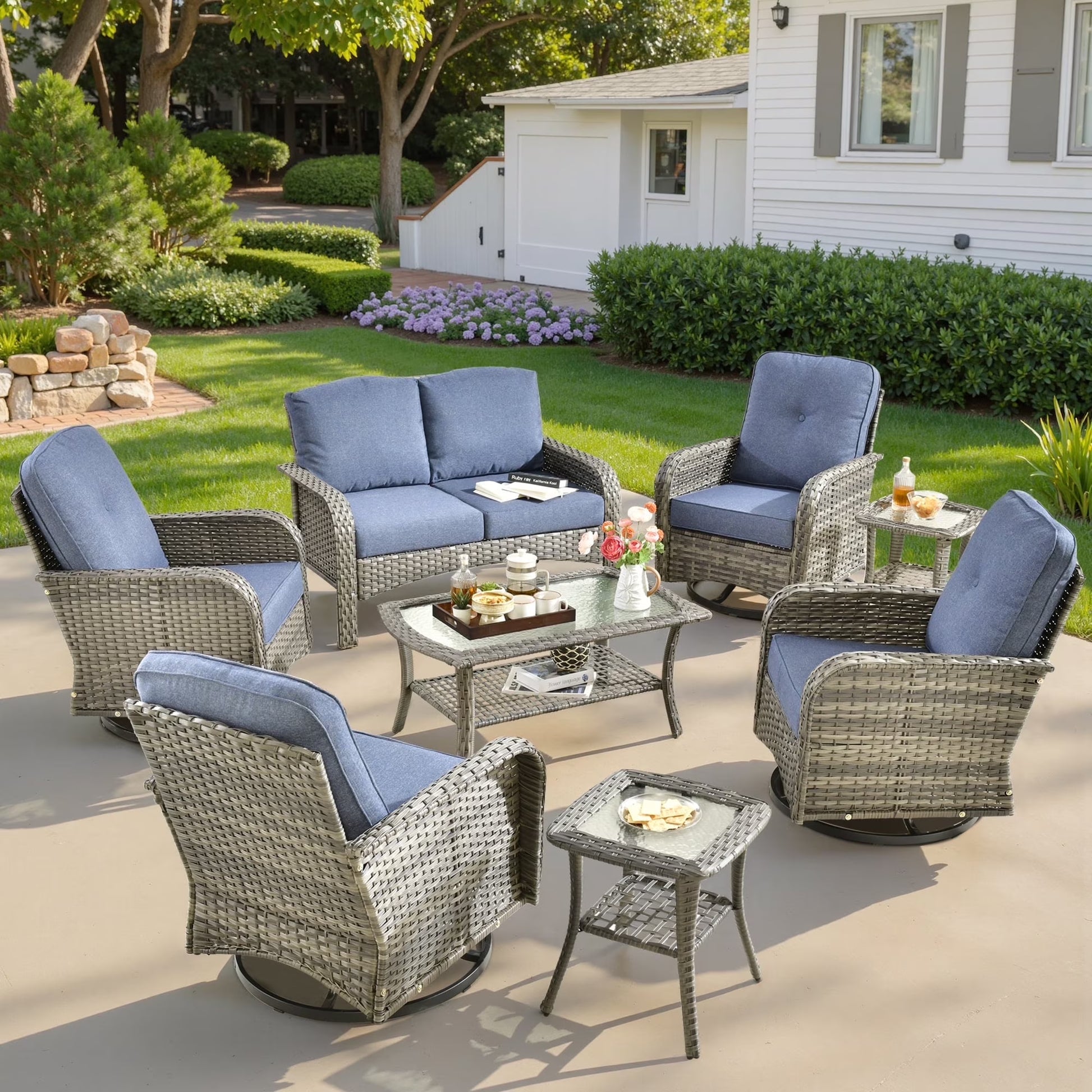Ovios 5 Pieces Outdoor Patio Furniture Set High Back All Weather Wicker Conversation Set with Swivel Chairs & Coffee Table, Dark Gray