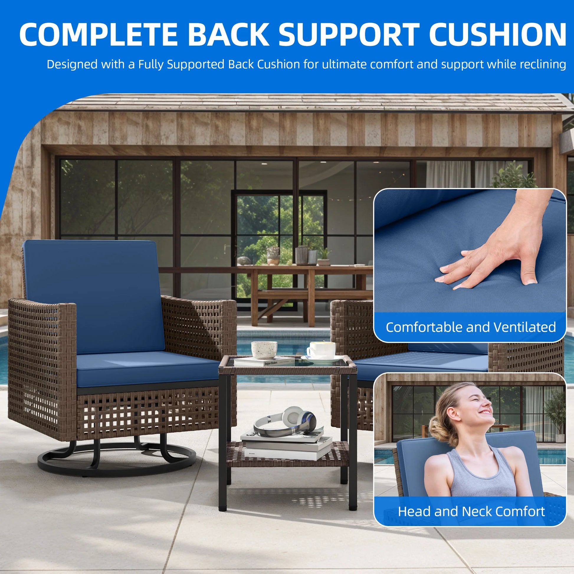 Dextrus Patio Swivel Chairs, Outdoor Wicker Swivel Glider Rocking Chairs set of 2 with Side Table,Bistro Swive Chairs Set for Porch Deck - Blue