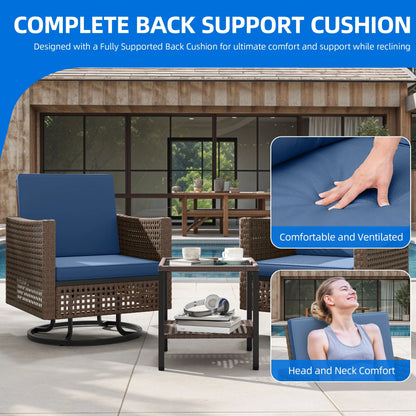 Dextrus Patio Swivel Chairs, Outdoor Wicker Swivel Glider Rocking Chairs set of 2 with Side Table,Bistro Swive Chairs Set for Porch Deck - Blue