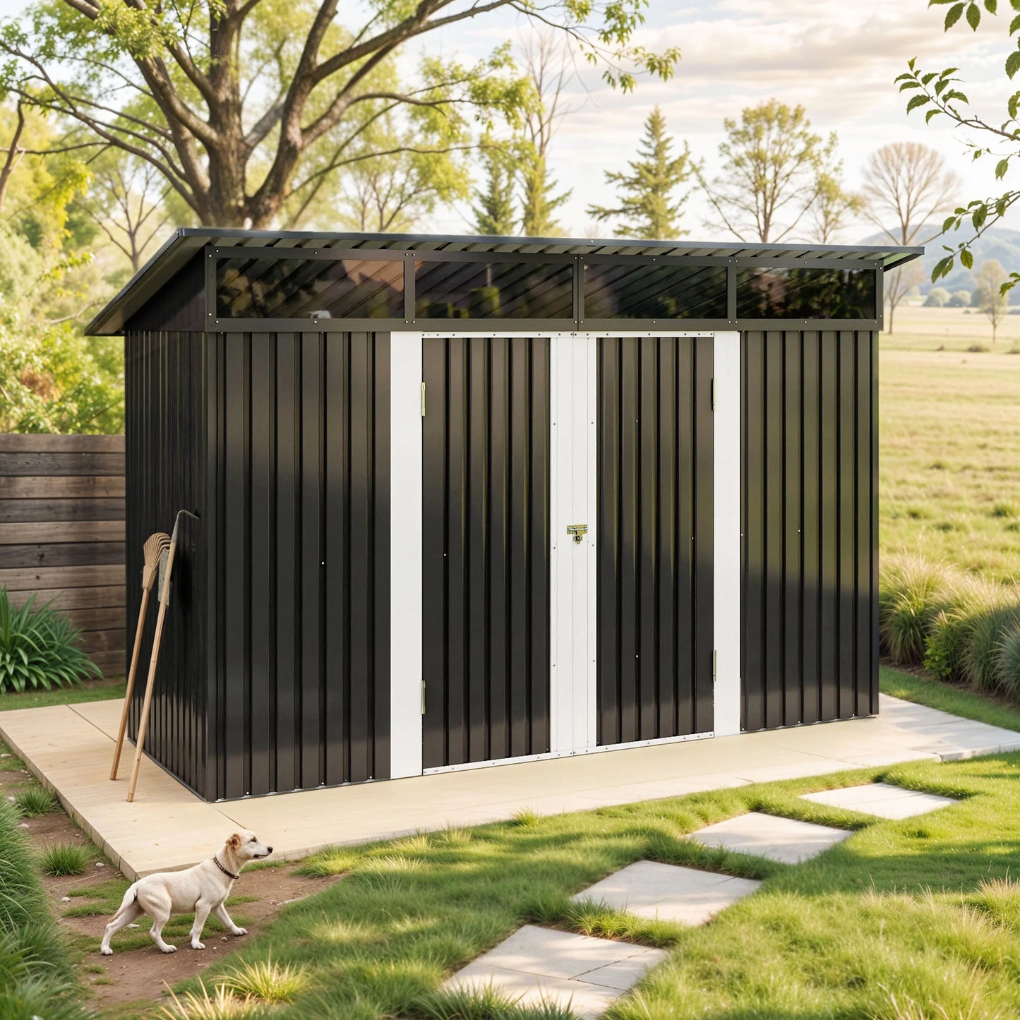 ModFusion 9x4 ft Outdoor Metal Storage Shed with Lockable Double Doors, Acrylic Glass Windows, Steel Roof, Garden Patio Bikes, Skylight, Dark Gray