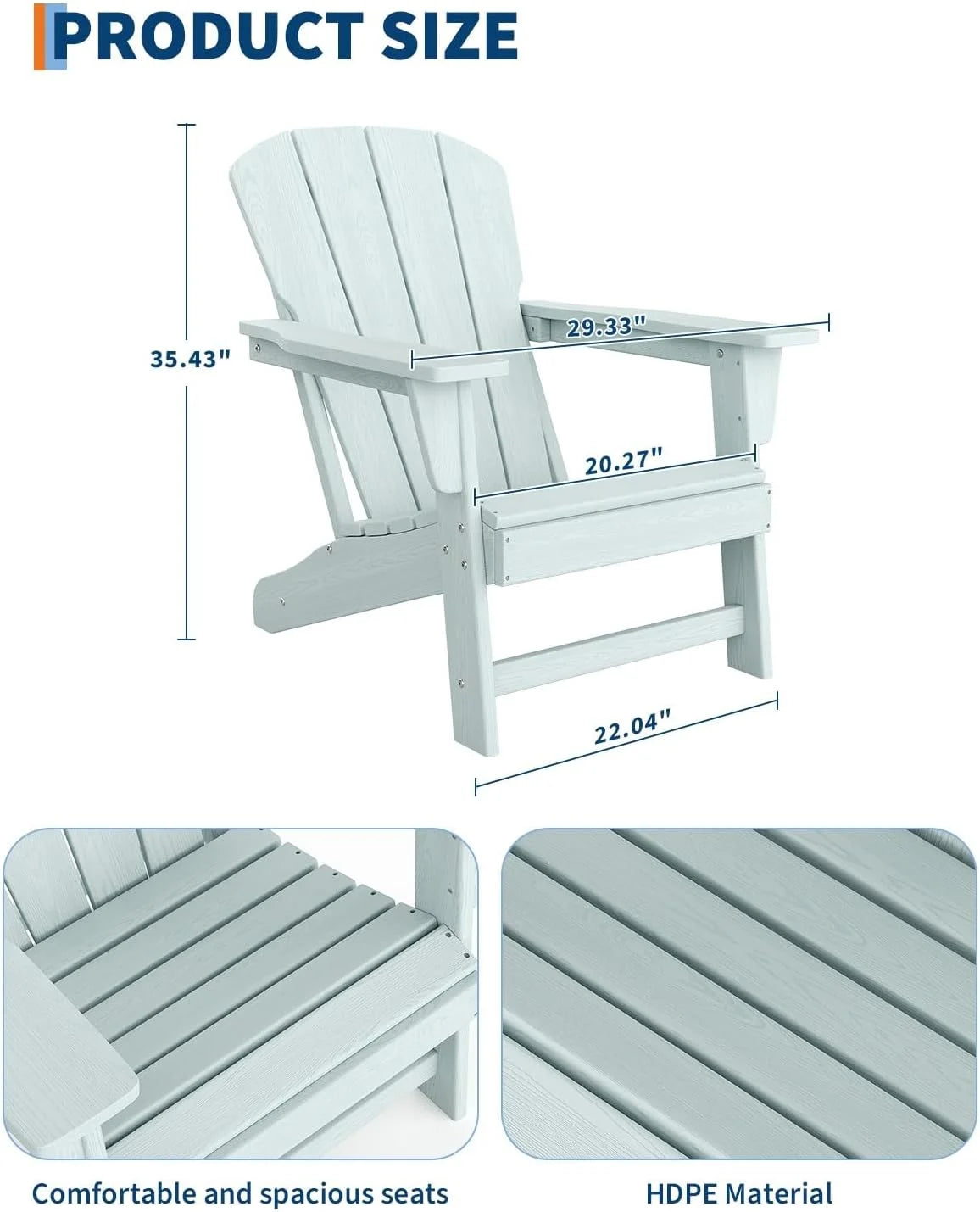 Modern HDPE Plastic Adirondack Chair - Oversize 380LB Poly Lumber Weather Resistant Firepit Chair - Outdoor Patio Chairs , Backyard, Lawn, Deck, Pool, Porch - Light Blue