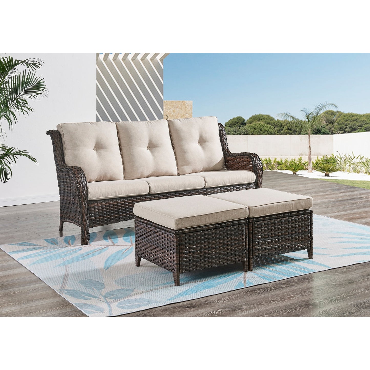 Pocassy 5-Piece Patio Furniture Set with Ottomans Brown/Beige