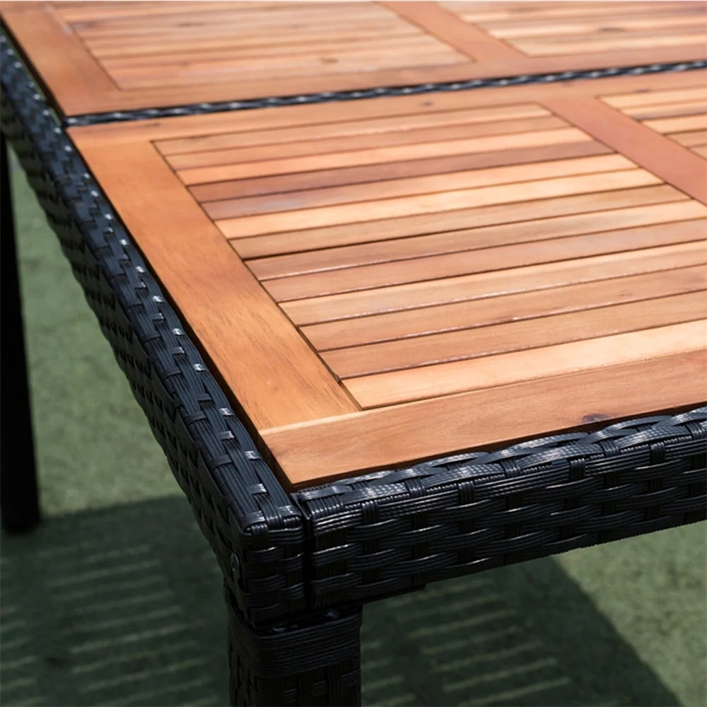 7 Pieces Outdoor Patio Dining Set, Patio Wicker Furniture Dining Set with 6 Chairs and Acacia Wood Top for Yard, Garden, Porch and Poolside, Black
