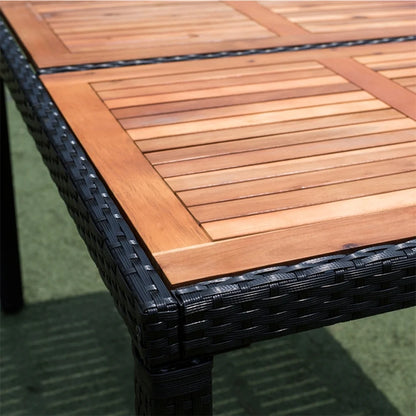 7 Pieces Outdoor Patio Dining Set, Patio Wicker Furniture Dining Set with 6 Chairs and Acacia Wood Top for Yard, Garden, Porch and Poolside, Black