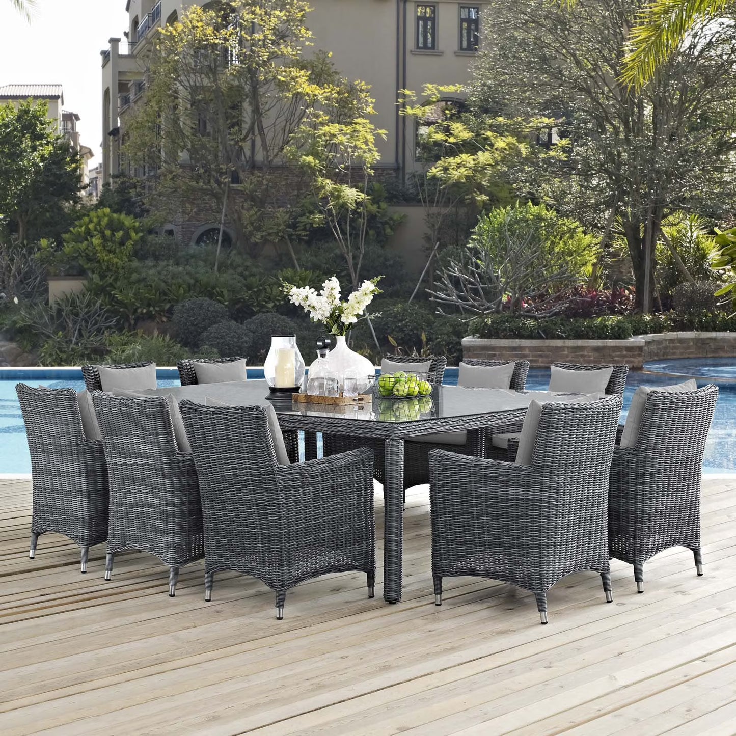 Modway Summon 11 Piece Outdoor Patio Sunbrella Dining Set in Canvas Gray