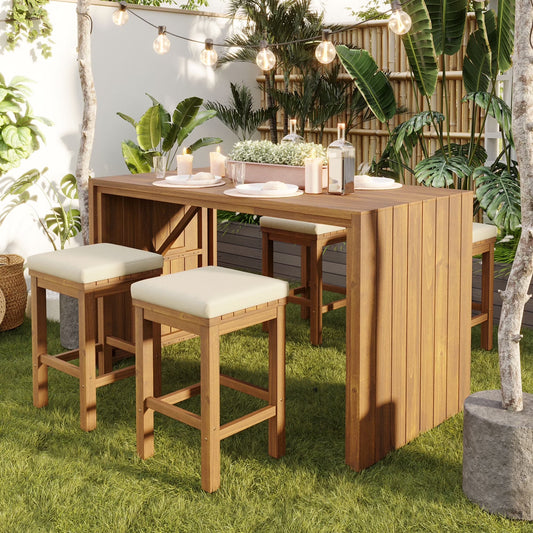 Kumix 5 Piece Outdoor Bar Set, Patio Acacia Wood Bar Height Table & Four Stools with Cushions, Wood Dining Bar Set for Backyard, Poolside, Balcony, Beige