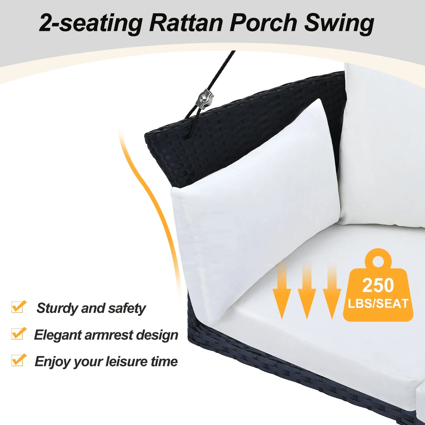 51.9" 2 Seat Patio Swing Chair, Rattan Woven Porch Swing with Adjustable Ropes, Cushion and Pillow, Wicker Outdoor Hanging Bench for Garden Yard, 500LBS Weight Capacity, Black and White