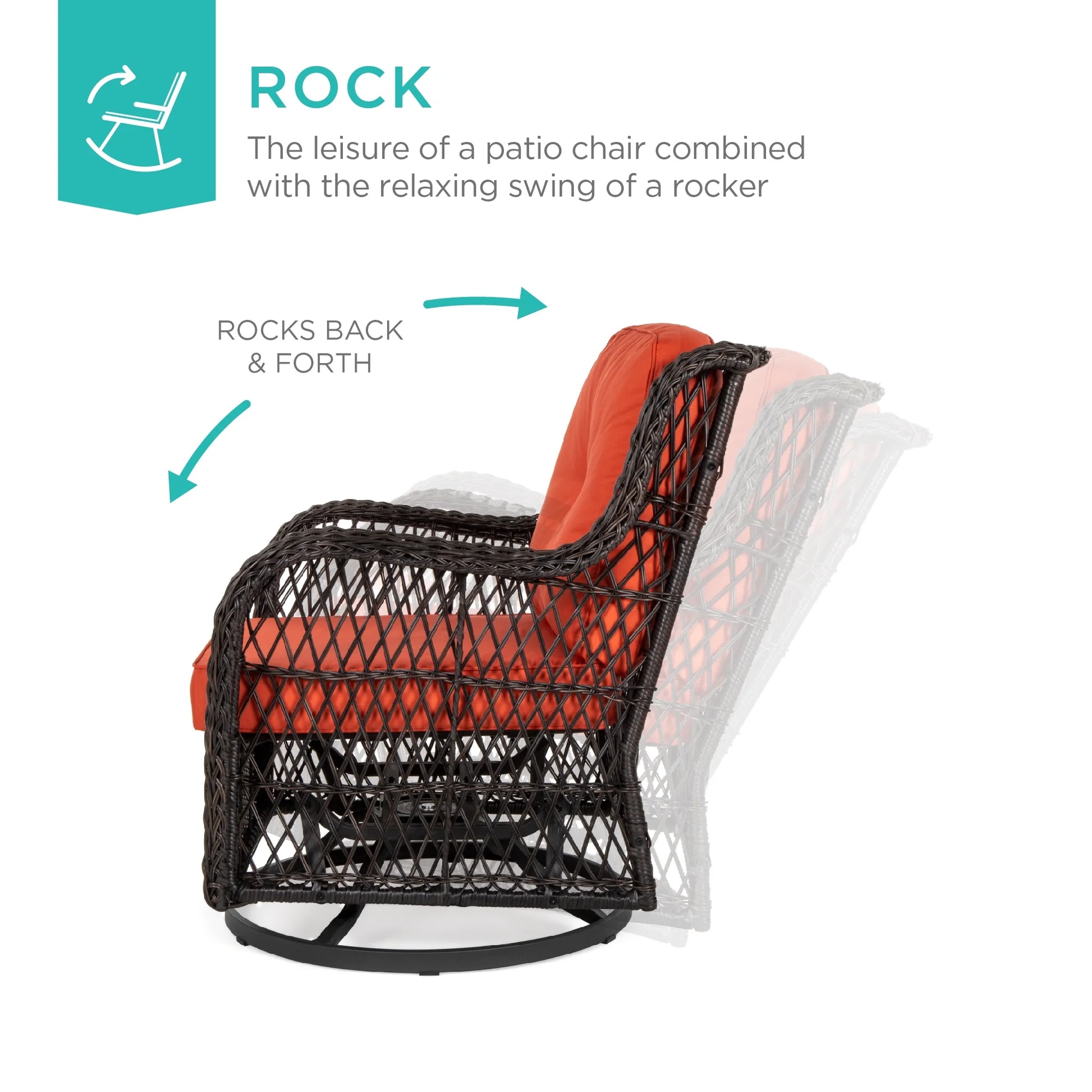Best Choice Products 3-Piece Patio Wicker Bistro Furniture Set w/2 Cushioned Swivel Rocking Chairs, Side Table - Rust