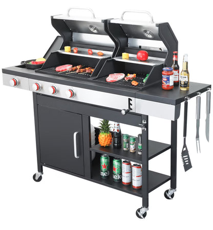 HighSound 3 Burner BBQ Propane Gas Grill, Stainless Steel 25650 BTU Patio Garden Barbecue Grill with Wire Enamel Cooking Grids & Foldable Shelves, Black