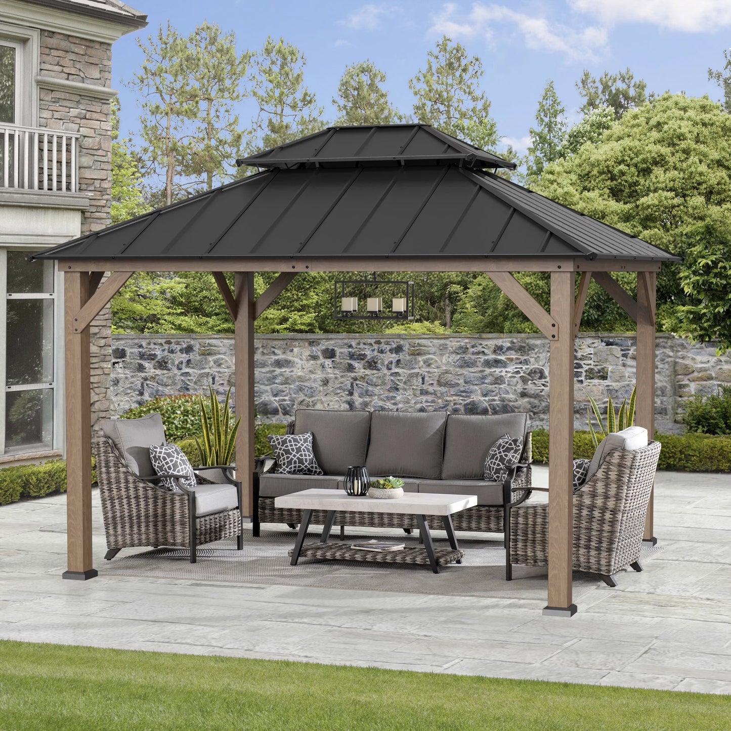SUNJOY 10 x 12 ft. Wood Gazebo, Outdoor Patio Steel Hardtop Gazebo, Cedar Framed Wooden Gazebo with 2-Tier Metal Roof, Suitable for Patios, Lawn and Backyard, Matte Black Roof + Gray Wood Frame