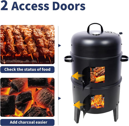 16 inch Vertical Charcoal Smoker, BBQ Grill, Fire Pit, 3-in-1 with Built-in Thermometer, Adjustable Air Vent, Idea for Parties, Backyard, Patio, Camping